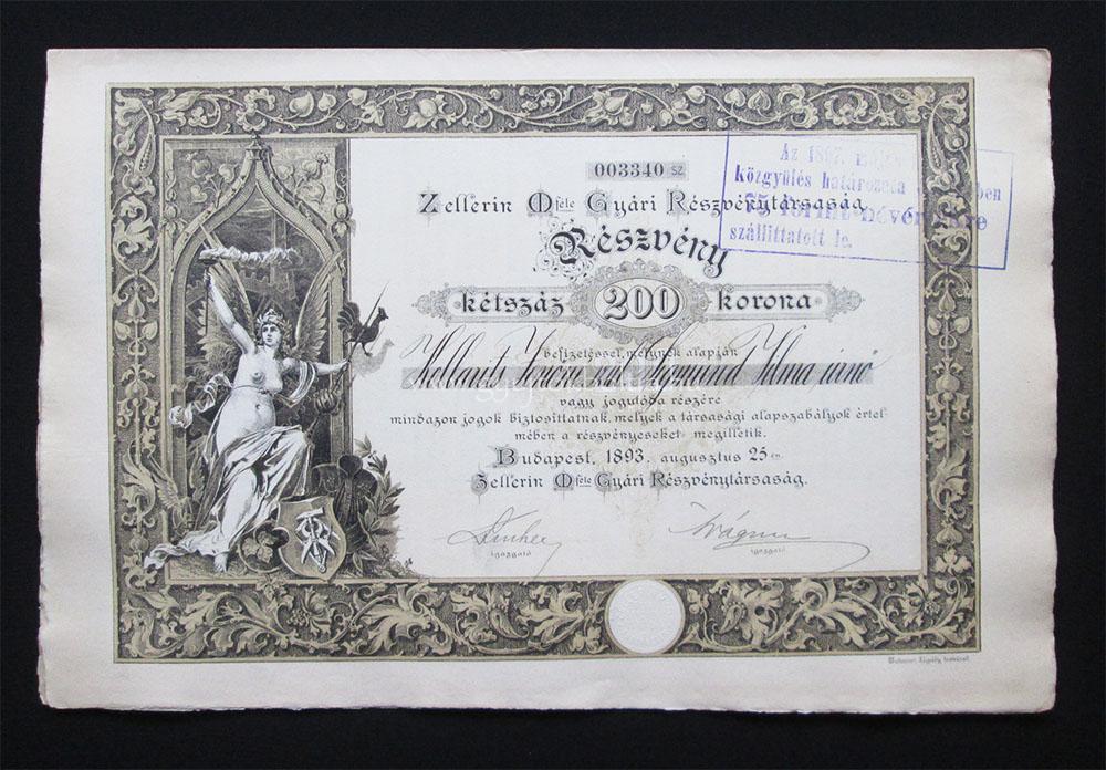 Zellerin M-fle Gyri Rszvnytrsasg rszvny 200 korona 1893